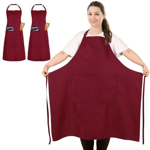 FunChaos 2 Pces Tablier de Chef Rouge Foncé, Tablier Unisexe avec 2 Poches pour Cuisine, Grillades, Barbecue, Travail, Tablier Professionnel pour Serveur, Artiste, Coiffeur (Taille Grande)