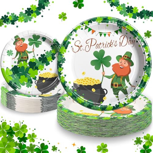 St.Patrick's Day Assiettes Jetable en Papier 40 Pièces, 23cm(9inch) and 18cm(7inch) Trèfle Vert Jour de Chance Leprechaun Vaisselle Jetable en Carton St.Patrick's Dîner pour Fête Irlandais-20 Invités