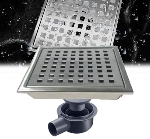 Duschrinne Quadrat, 15 * 15cm Edelstahl Bodenablauf 360° Siphon mit Geruchsstop und Haarsieb Ablaufrinne Duschablauf Sehr Flach Bodenablauf Keller Duschablauf Komplettset mit Bodenbefestigung