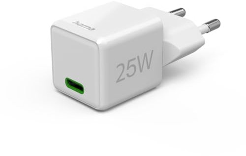 Hama Schnellladegerät (Ladegerät mit USB-C unterstützt Power Delivery und Qualcomm Quick Charge, 25 W, Super-Mini-Format 2,9 x 2,75 x 2,75 cm, ideal für Samsung) Weiß