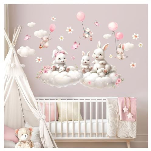 Little Deco Wandsticker Hasen auf Wolken Wandtattoo Kinderzimmer Blumen Set Wandaufkleber Babyzimmer Maus Ballon Schlafzimmer Wanddeko DL5055-03