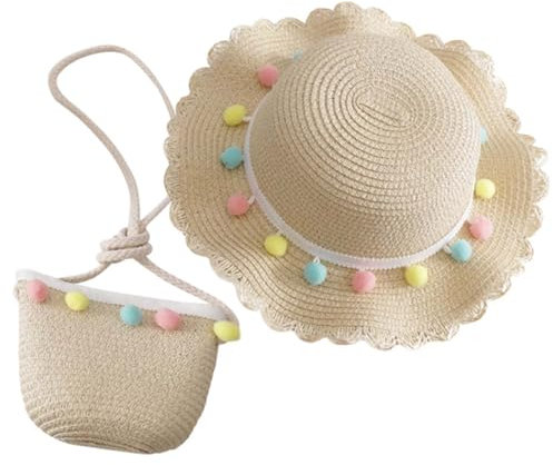 ACMEDE 4-8 Ans Enfant Chapeau de Paille et Petit Sac Set, Fille Chapeau de Soleil d'été Paille Plage Chapeaux de Soleil avec des Ornements de Boules colorées pour Plage Voyage Randonée