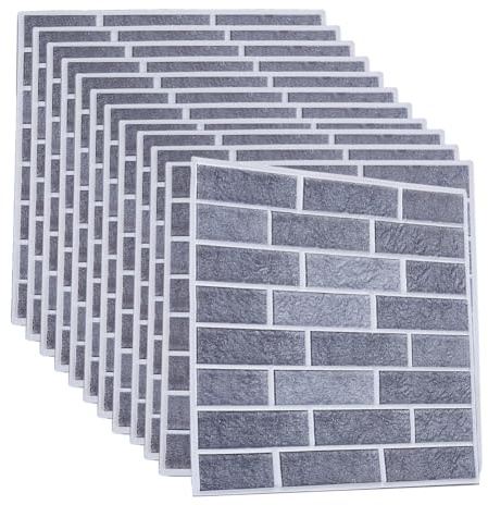 SUPERFINDINGS 12 Stück 3D Wandpaneele Zum Abziehen Und Aufkleben 30cm Quadrat 3D Ziegel Tapete Grau PVC Selbstklebende Wandsticker Kunststein Wandpaneele Für Schlafzimmer Treppen Küchendeko