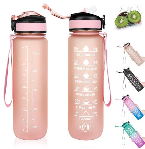 1L Sport Water Bottle with Straw, Leakproof Design Plastic Drinks Bottle, Sports Water Bottles with Time Markings, BPA Free Sports Drinks Bottle for Fitness, School, Gym, Outdoor Sports (Pink)
