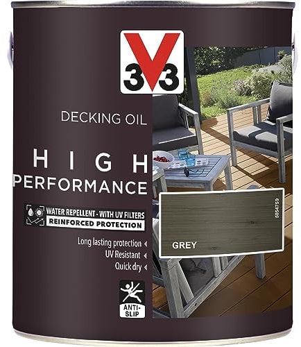 V33 High Performance Decking Oil - Long-Lasting Weather Protection - Anti-Slip - Water-Repellent - UV-Resistant - Grey 5 Litres