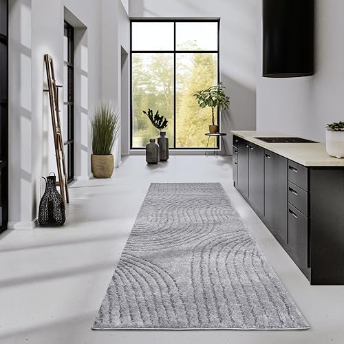 ELLE Decoration Hochflor Teppich Pigment – Moderner Wohnzimmerteppich Läufer, Langflor Shaggy, Modernes Muster, Flauschig Weich Boho für Wohnzimmer, Schlafzimmer – Hellgrau, 80x240cm