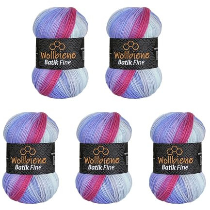 5 x 100g Wollbiene Batik Fine 500 Gramm Wolle mit Farbverlauf mehrfarbig Multicolor Strickwolle Häkelwolle (2000 beere lila)