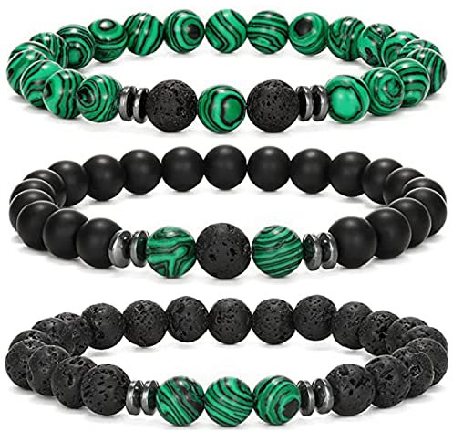 APMGONT 8 mm Perlenarmbänder Set, 3 pcs Perlenarmband Herren mit Schwarzen Lavastein, Naturstein Yoga Perlen Elastische Armbänder Verstellbares Herren Armbänder Set Geschenke für Männer (Malachit)
