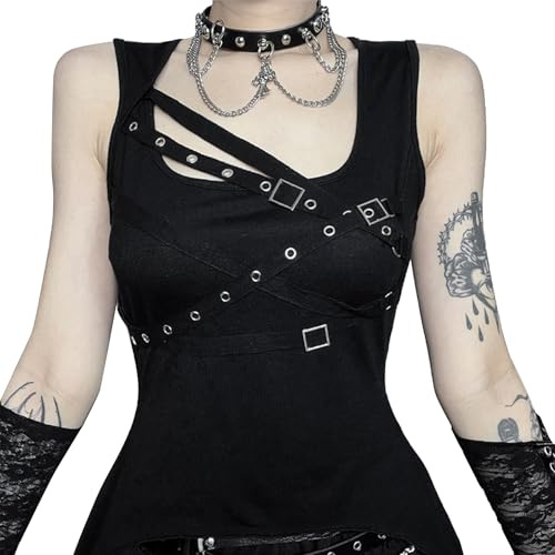 SEAUR Gothic Top Damen Sexy Y2k Crop Tank Top Punk Cami Oberteil Club Party Grunge Streetwear Emo Outfit Schwarz S-L
