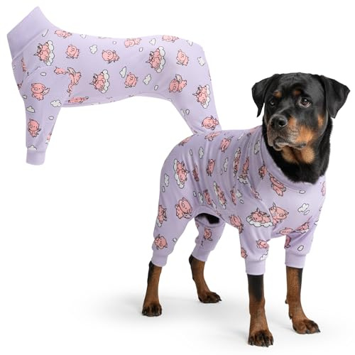 Spark Paws Dog Pajama, Dog Recovery Suit Male, Onesie, Ultra-Soft and 4-Way Stretch, for Small Medium and Large Breeds - When Pigs Fly - Purple - 4XL