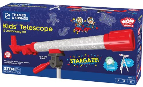 Wow in the World Kids’ Telescope & Astronomy Kit, 25x & 50x Magnification, Adjustable 48” Tripod, Includes Star Wheel & Companion Audio Content, Intro to Astronomy for Ages 6+ by Thames & Kosmos