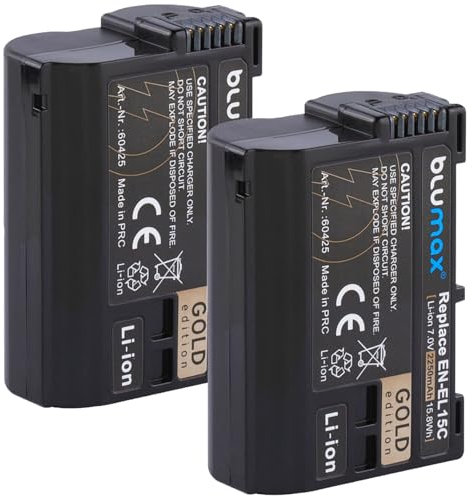 Blumax Lot de 2 batteries de rechange pour Nikon, EN-EL15c, 2250 mAh, EN-EL15b EN-EL15a EN-EL15 pour Z8 Z7 II Z6 II Zf / Z5 D600 D800 D850 D7200 D7500