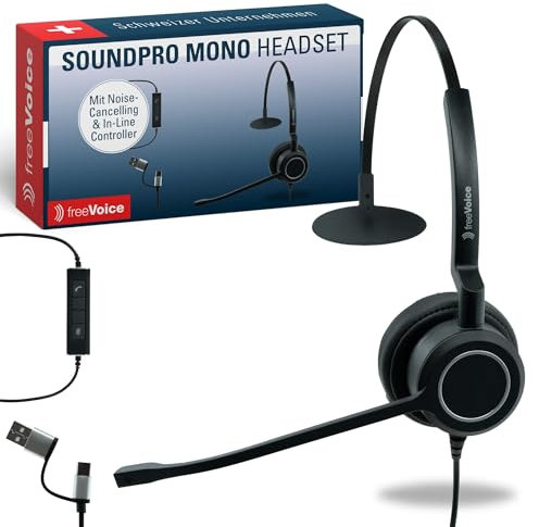 freeVoice SoundPro 360 UC Mono I Kabelgebundene Kopfhörer mit USB-A & USB-C Anschluss I Bequeme Kopfhörer mit Ultra-Noise-Cancelling-Mikrofon I Kabel-Headset mit Acoustic Shock Gehörschutz