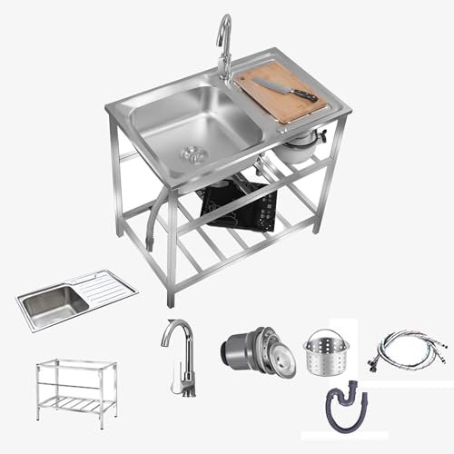 Évier de cuisine utilitaire, buanderie portable avec meuble, lavabo en acier inoxydable, garage extérieur, robinet d'eau chaude et froide autoportant et ensemble de crépine de vidange
