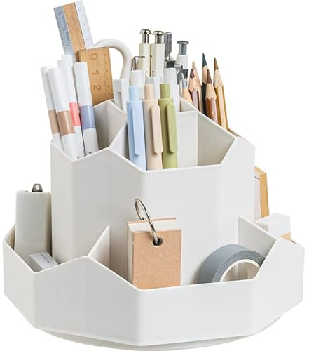 QUMENEY 360 Grad drehbarer Stifthalter Schreibtisch-Organizer multifunktionaler Stifthalter Schreibwarenaufbewahrung Make-up-Pinselhalter mit 9 Fächern für Home-Office-Zubehör mit Aufklebern (cremefar