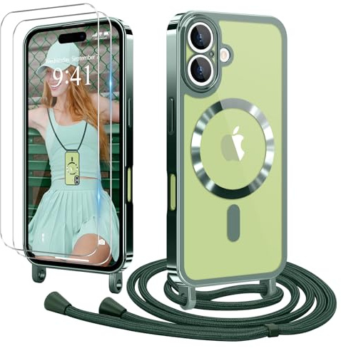 Ethanger Handyband für iPhone 17 Hülle mit Band + 2 Stück Glas Schutzfolie Transparent Silikon Handyhülle Magnetische Schutzhülle Case zum Umhängen Kordel für iPhone 17 Grün