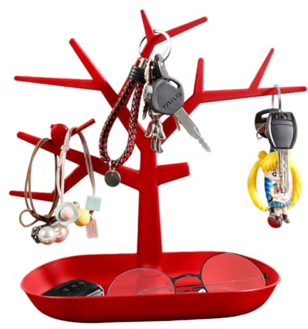 OULIGET Tabletop Key Holder Stand Tree Key Rack,Stand Jewelry Display Necklace Ring Earring Holder Rack,Jewelry Organizer Tray Home Decor for Home Entryway (Red)
