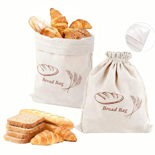 KiauFdcf 2 Pack Bread Bags, 15 x 12 Inches Bread Storage Bags-TPU Lined-Extend The Shelf Life, Bread Bags For Homemade Bread, Reusable Linen Bread Bag, Can Be Used To Store Bread, Potatoes, And Other