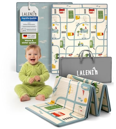 Laleni Krabbelmatte Baby 120x150x1 cm - wasserdichte Spielmatte Baby faltbar - isolierende Bodenmatte Kinder - weich & schützt vor kaltem Untergrund - Krabbeldecke outdoor & indoor - Auto-Motiv