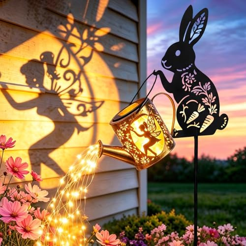 Solargießkanne-Licht mit Hasen-Silhouette-Stecker & Feendesign – Kaskaden-LED-Lichterkette für Garten, Terrasse, Hof, IP65 wasserdicht, Geschenk für Mama, Frauen, Geburtstag & Einweihung