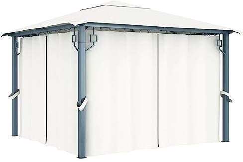 Creme Aluminium Pavillon mit Vorhängen 300x300 cm, UV-Schutz Oxford-Dach, Insektenschutz-Netzfenster, für Garten und Terrasse