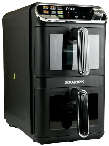 Fettfreie Fritteuse KALORIK AFT3200 Vertikale XXL Heißluftfritteuse, 11L Doppelkammer-Turm, 2260W, AIR FRYER mit 2 Frittierrosten, 9 Automatikprogramme, LCD-Display, Touchpanel, Innenbeleuchtung