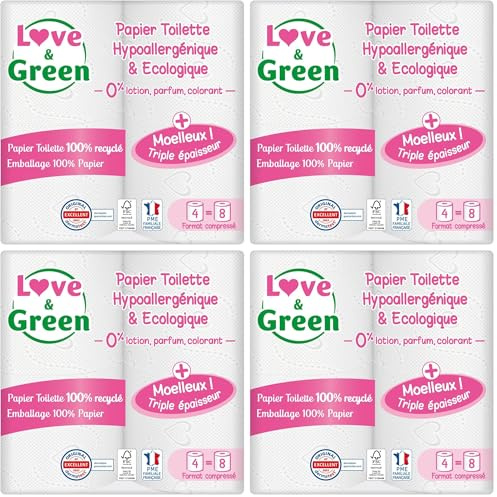 Love & Green - 3-lagiges Toilettenpapier – 3-lagig – hypoallergen (Dermatest zertifiziert) und umweltfreundlich (FSC-zertifiziert) – 4 komprimierte Rollen : 8 (Packung mit 4)