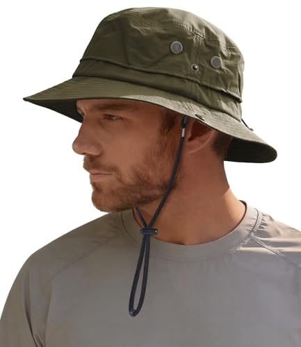 Hat Hut Sonnenhut für Herren, Wasserdichter Fischerhut, LSF 50+ breite Krempe, Regenhut, Outdoor Bucket Hat, Wandern, Allwetter (DE/NL/SE/PL, Alphanumerisch, Einheitsgröße, Olivgrün)