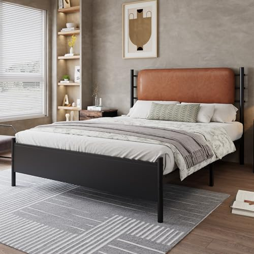 ModernLuxe Metal Double Bed with PU Upholstered Headboard, 4FT6 Bed Frame for Adults and Teenagers, Sturdy Wrought Iron Construction, Black Iron and PU, 135 x 190 cm