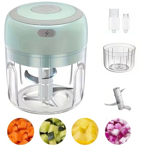 Electric Mini Food Chopper USB Rechargeable, Portable Cordless Garlic & Vegetable Chopper 250ML, Small Food Processor with 3 Stainless Steel Blades for Onion, Nuts, Baby Food & Meal Prep (Green)