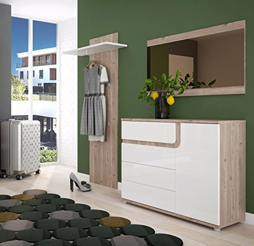 naka24 Wohnwand Schrankwand Wohnzimmer Möbel Milano I Eiche Nelson/Weiss Hochglanz (Regal Kommode Spiegel)