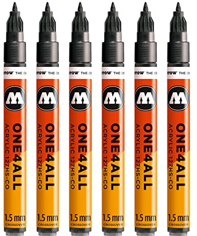 Molotow One4All 127HS-CO Acryl Marker 6 Stück, Farbe 223 metallic schwarz | 1,5 mm Strichstärke, hochdeckend und permanent, schnell trocknend, UV-beständig, nachfüllbar, für fast alle Untergründe