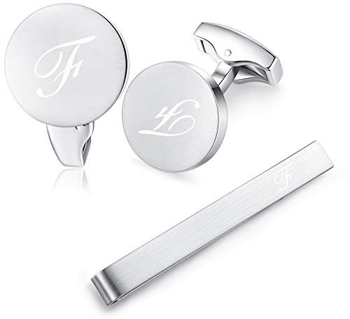 HONEY BEAR Manschettenknöpfe Krawattennadel Set Initialen Buchstabe Herren Edelstahl Hochzeit Cufflinks Manschettenknopf Silber (F Set)