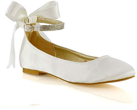 ESSEX GLAM Womens Ankle Strap Pumps Shoes Ladies Bridesmaid Satin Diamante Bow Bridal Ballet Shoes 3-8