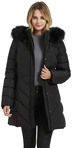 BINACL Women's Thickened Running Ski Jacket, Mountain Snow Outing Windproof Down Alternative Hiking Quilted Weathered Wildwood Parka Puffer Classic Club Cotton Padding Jacket with Fur Hood(Black,S)