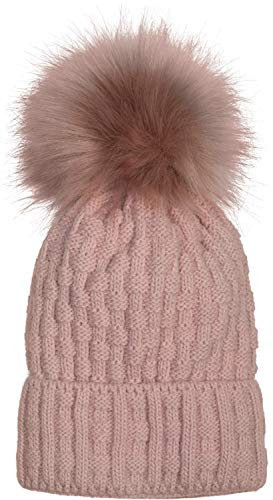 styleBREAKER Unisex warme Strick Bommelmütze mit Flecht Muster und Fleece Futter, Winter Fellbommel Mütze 04024171, Farbe:Altrose