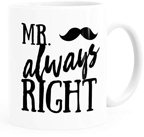 MoonWorks® Kaffee-Tasse mit Aufdruck Mr. always Right Schnauzer Schnauzbart Geschenk Partner Ehemann lustige Kaffeebecher uni - weiß unisize