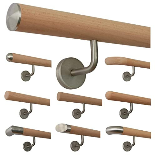 TIBU Buche unbehandelt Holz Handlauf Geländer 0,3m - 5m, Länge 120 cm, Ende leicht gewölbte Edelstahlkappe und 2 Halter