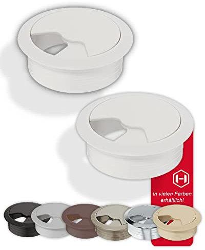 Gedotec Bureau Passe-câbles | Entry | 60 mm | 2 Passe-câbles Ronds | Prise de câble Blanc Mat | en Plastique ABS Robuste | Passage de câble à enfoncer | Goulotte de câblage Bureau