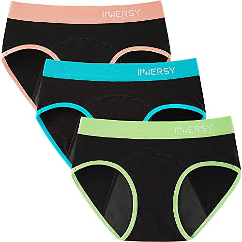 INNERSY Perioden Unterwäsche Mädchen Baumwolle Auslaufsicher Unterhosen Teenager 3er Pack (10-12 Jahre, Buntes Schwarz)