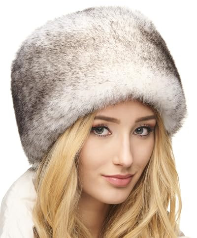 Futrzane Siberian Kosakenmütze - Pelzmütze Damen - Fell Pelz Russische Mütze (M, Weiß mit Schwarz Siberian)