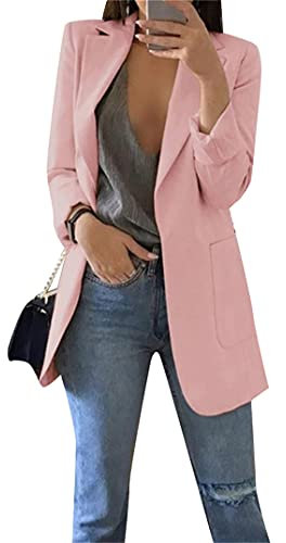 EFOFEI Femme Veste De Costume Mi-Longue Devant Ouvert Manteau Costume avec Doubles Poches Latérales Costume Simple De Couleur Pure Rose 3XL