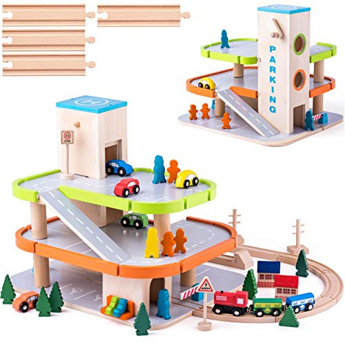 alles-meine.de GmbH XL - Holz - Parkhaus/Garage - 3 Ebenen + Fahrzeug + 4 Schienen - Auto & Lift - passend mit Schienensystem & Eisenbahn - 60 cm - Holzeisenbahn - paßt zu alle..
