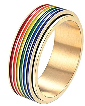 HIJONES Herren Edelstahl LGBT Pride Flag Ranibow Spinner Ring Schwulen und Lesben Gold 8mm Größe 54