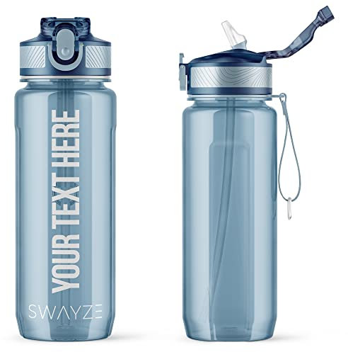Personalised Water Bottle with Straw 800ml Water Bottle, BPA Free Leakproof Lockable Flip Lid Drink Bottle Sports Gym Hiking School Camping Office Walking (Blue (Personalised))