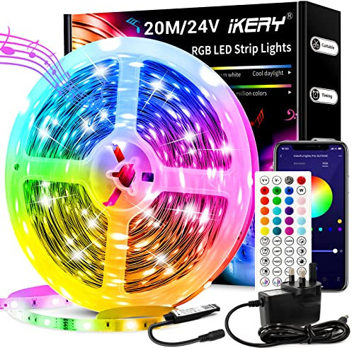 IKERY 20M RGB LED Strip Lights Music Sync, Bluetooth App with 44 Keys Remote,24V SMD LEDs Lights, DIY Color Options LED Tape Lights for Bedroom Ceiling Decor (1 Roll)