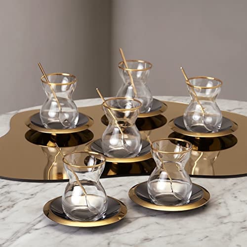 Karaca Laçin 18-Piece Tea Set for 6 People, 18-Piece Tea Set - Elegant Tea Enjoyment in Gold and White Tea Set, Turkish Tea Glasses