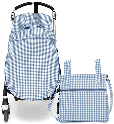 Conjunto de Saco Silla de paseo Universal + Bolso Panera – Conjunto Saco Universal + Talega o bolsa para carrito bordada con nombre – Vichy Azul empovado – Nenel
