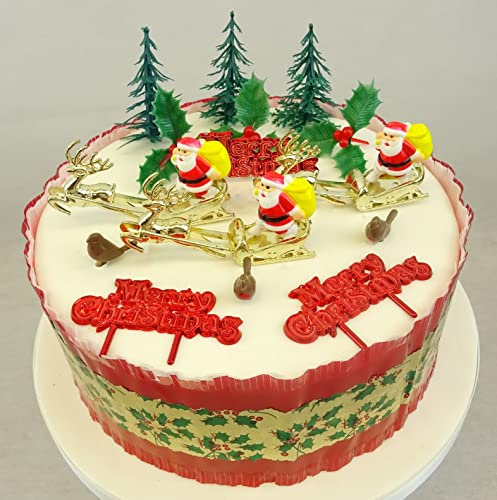 Christmas Cake Decoration Toppers 3 Complete Sets including Santa Sleigh Robins Holly Leaf Christmas Tree's Merry Christmas Motto's Traditional Christmas Frill to fit up to and 3 x 8 Round Cakes
