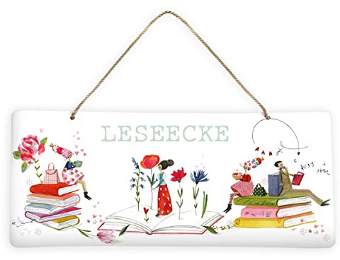 Blechschild zum Aufhängen Leseecke | Wanddeko Metall quer | Metallschild mit Büchern und Vintage-Illustrationen | Schöne Dekoration für eine gemütliche Leseecke